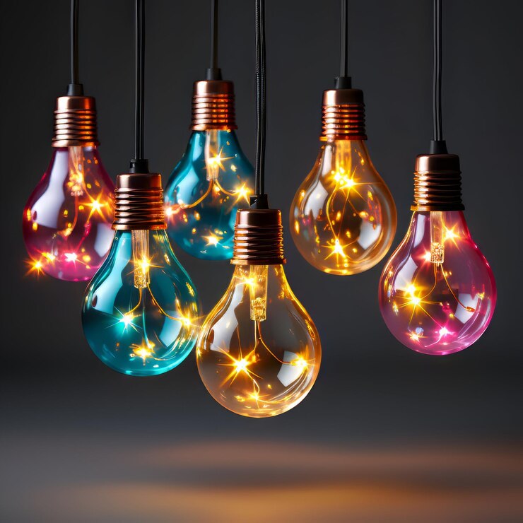 plusieurs ampoules suspendues étincelles. leur verre est transparent et teinté de couleurs différentes. tons chaleureux