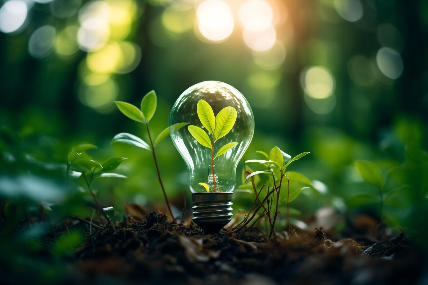 Ambiance forêt. lumière diffuse. couleurs verdoyantes. Une ampoule est posée sur l'humus à l'intérieur une pousse d'arbre et de part et d'autre de l'ampoule
